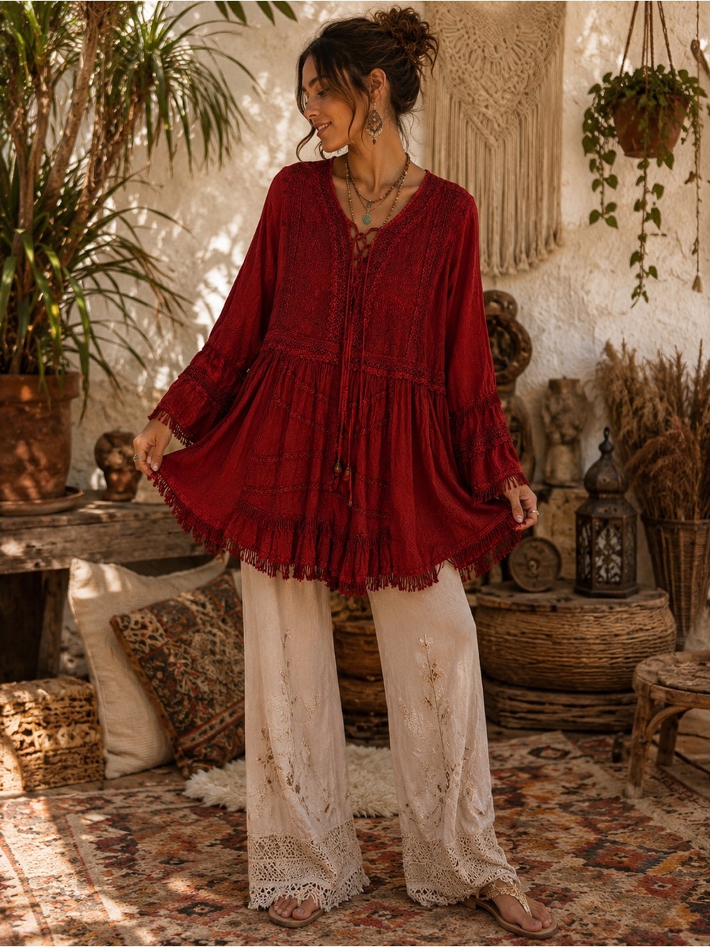 Boho Tunic Blouse Embroidered Fringe Red Rayon Festival Cottagecore Flowy Rayon